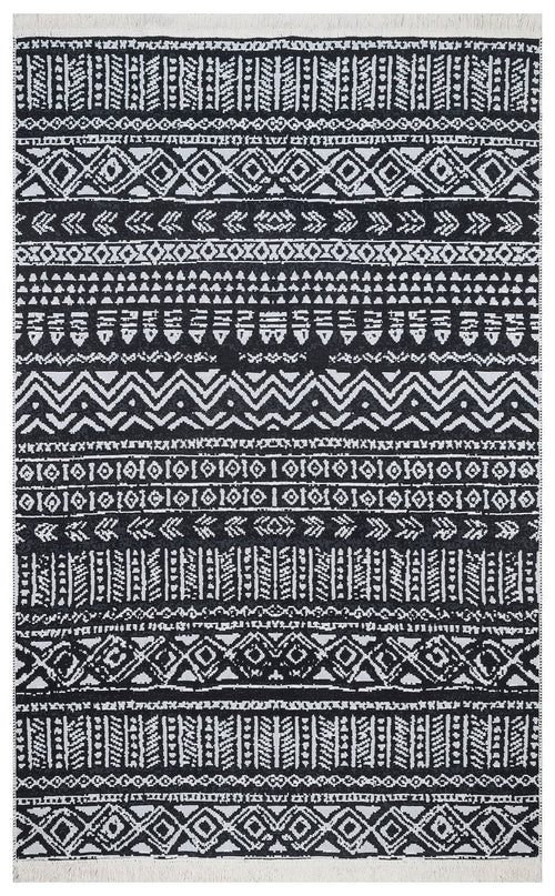 Cotton Kilim Rug – Modern Woven Black Ethnic Patterned Flatweave Carpet