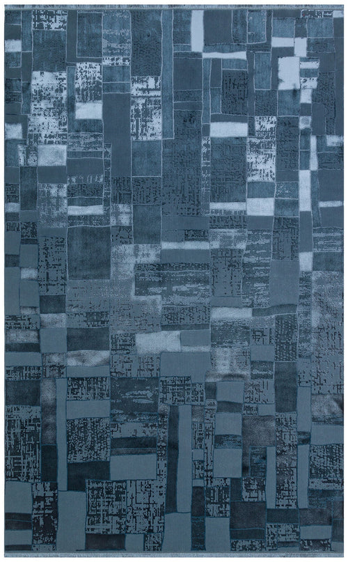 Blue Patchwork Area Rug - Machine Made Washable Non Slip Modern Carpet