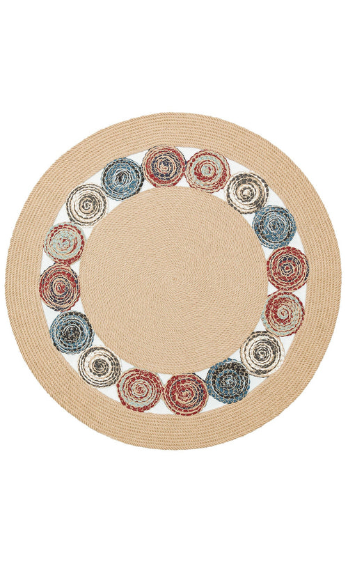 Round Jute Rug - Beige Geometric Pattern Knitted Jute Carpet, Soft Texture