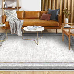 Grey Viscose Area Rug – Machine Made Rug with Frame Pattern, 7mm Pile Height