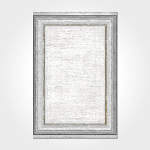Grey Viscose Area Rug – Machine Made Rug with Frame Pattern, 7mm Pile Height