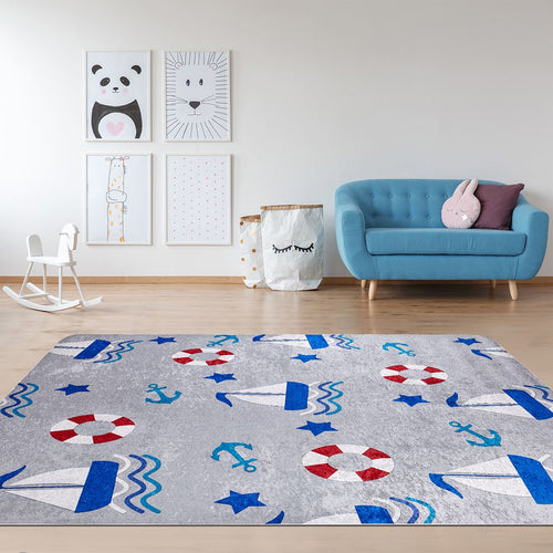Kids Blue Rug – Machine Made Cotton Chenille Carpet With Washable Non Slip Sole