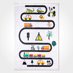Kids Digital Print Rug - Washable Non Slip White Figured Chenille Carpet