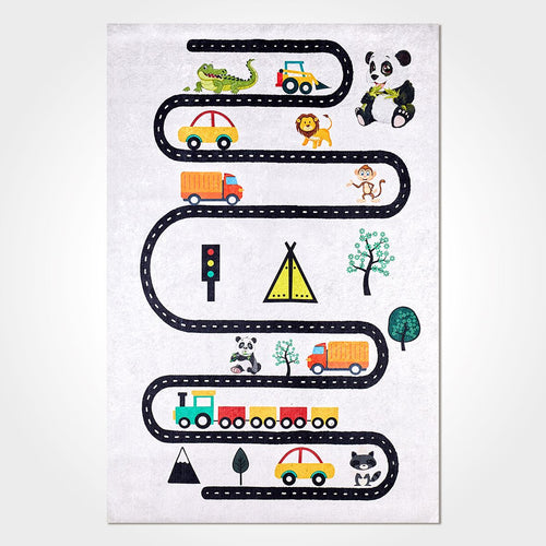 Kids Digital Print Rug - Washable Non Slip White Figured Chenille Carpet