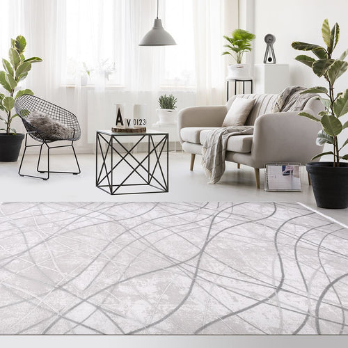 Geometric Area Rug – Machine Made Grey Rug with Acrylic Yarn & Cotton Weft