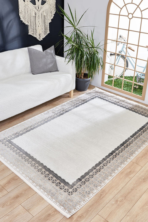 Machine Made Area Rug - Grey Frame Cotton Yarn Carpet for Living Room
