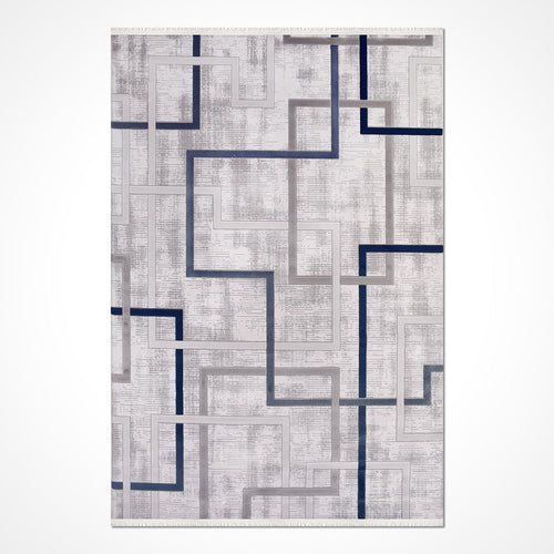 Geometric Area Rug - Machine Made Rug with Acrylic Yarn, Overlocked Edge, Blue Grey