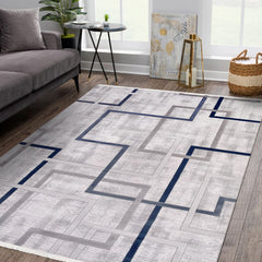 Geometric Area Rug - Machine Made Rug with Acrylic Yarn, Overlocked Edge, Blue Grey