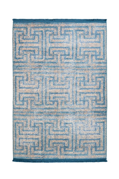 Blue Geometric Area Rug – Washable Cotton Chenille Carpet for Living Room