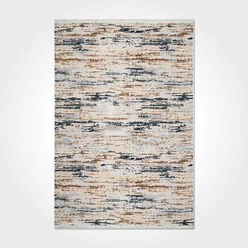 Machine Made Area Rug - Cream Grey Striped Polyester Rug with Overlocked Edge