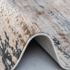 Machine Made Area Rug - Cream Grey Striped Polyester Rug with Overlocked Edge