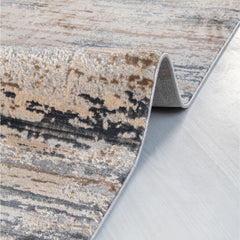 Machine Made Area Rug - Cream Grey Striped Polyester Rug with Overlocked Edge