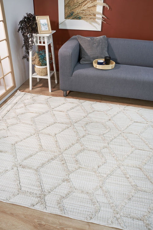 Machine Made Area Rug - Beige Geometric Cotton Yarn Carpet for Living Room