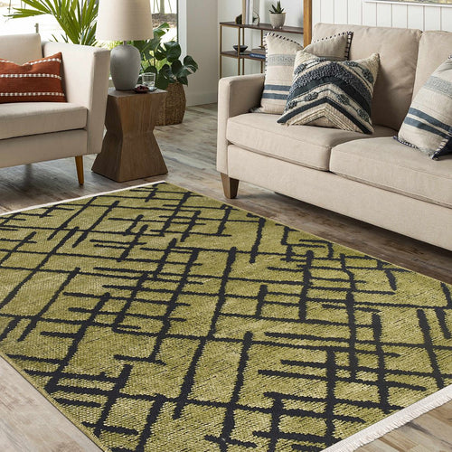 Natural Latex Area Rug - Green Geometric Cotton Non Slip 7 mm Pile Rug