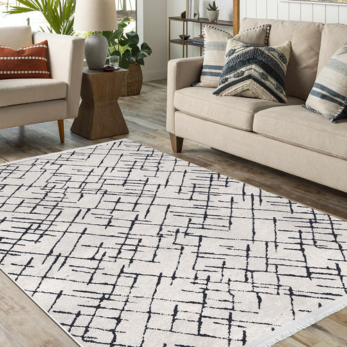 Magnolia White Black Striped Cotton Natural Latex Area Rug
