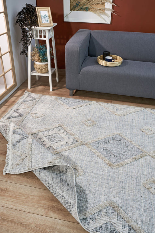 Machine Made Area Rug – Beige Geometric Cotton Yarn Carpet for Living Room