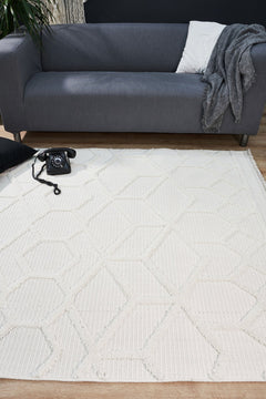 White Geometric Area Rug - Machine Made Carpet Cotton Yarn Rug for Living Room