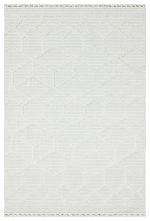 White Geometric Area Rug - Machine Made Carpet Cotton Yarn Rug for Living Room