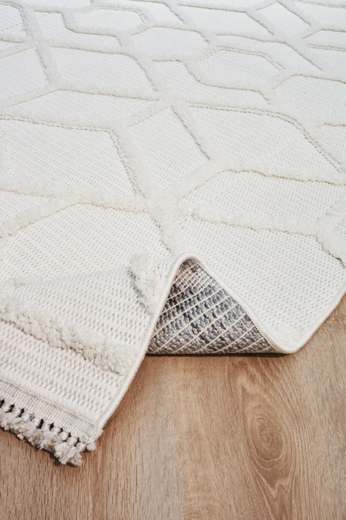 White Geometric Area Rug - Machine Made Carpet Cotton Yarn Rug for Living Room