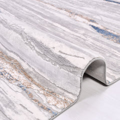 Machine Made Area Rug - Blue Striped Carpet With Grey Beige Acrylic Yarn