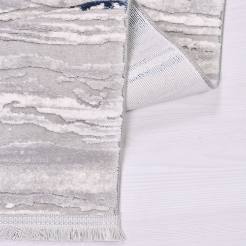 Machine Made Area Rug - Blue Striped Carpet With Grey Beige Acrylic Yarn