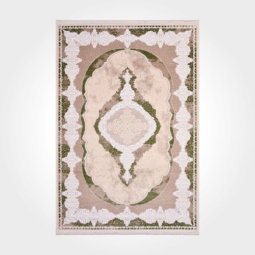 Machine Made Area Rug - Classic Beige Green Rug With Overlocked Edge