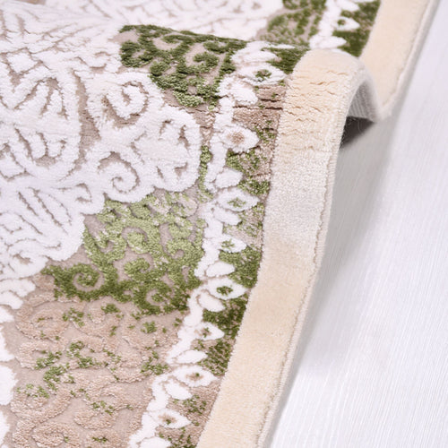 Machine Made Area Rug - Classic Beige Green Rug With Overlocked Edge