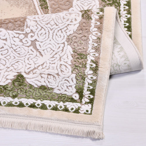 Machine Made Area Rug - Classic Beige Green Rug With Overlocked Edge