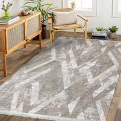 Geometric Viscose Rug – Machine Made Area Rug Cream Beige with 7mm Pile Height