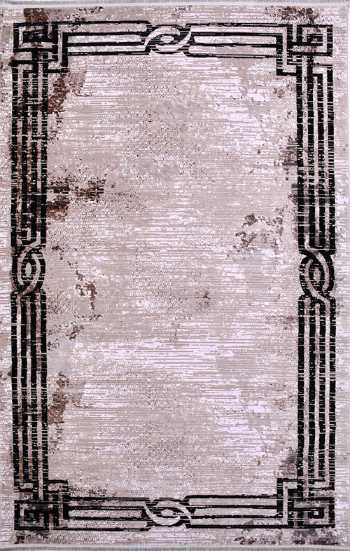 Machine Made Area Rug - Black Frame Beige Flatweave Rug with Overlocked Edge