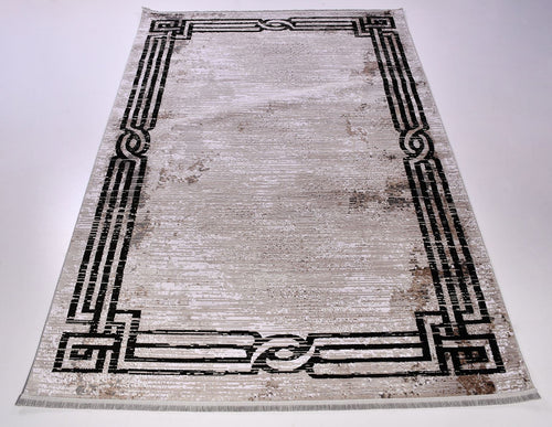 Machine Made Area Rug - Black Frame Beige Flatweave Rug with Overlocked Edge