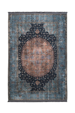 Blue Cotton Area Rug - Classic Digital Print Carpet With Soft Chenille Texture
