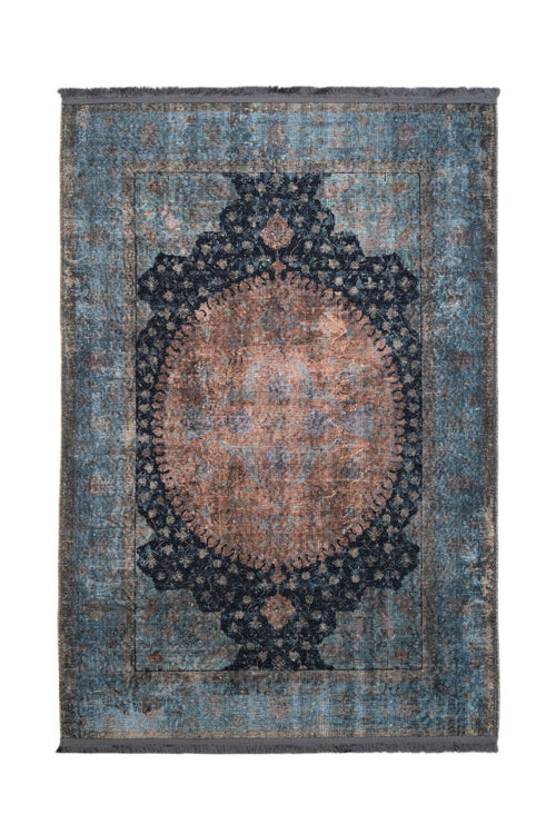 Blue Cotton Area Rug - Classic Digital Print Carpet With Soft Chenille Texture
