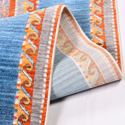 Machine Made Area Rug – Blue Degrade Polyester Flatweave With Overlocked Edge