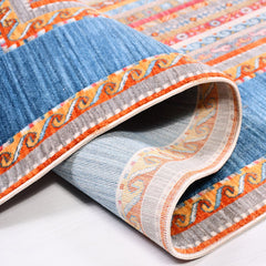 Machine Made Area Rug – Blue Degrade Polyester Flatweave With Overlocked Edge