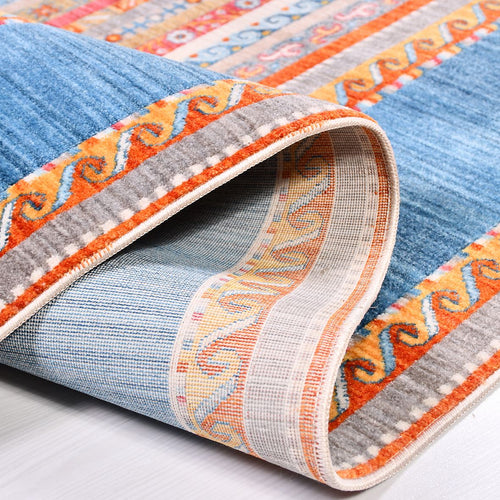 Machine Made Area Rug – Blue Degrade Polyester Flatweave With Overlocked Edge