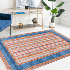 Machine Made Area Rug – Blue Degrade Polyester Flatweave With Overlocked Edge