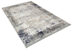 Modern Digital Print Rug – Navy Beige Area Rug with Fringed Cotton Base
