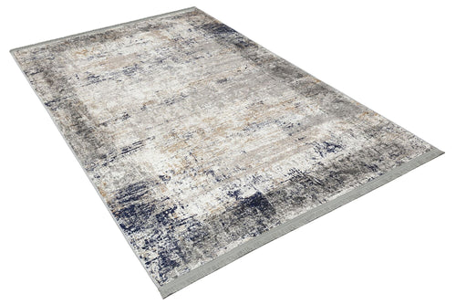 Modern Digital Print Rug – Navy Beige Area Rug with Fringed Cotton Base