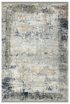 Modern Digital Print Rug – Navy Beige Area Rug with Fringed Cotton Base