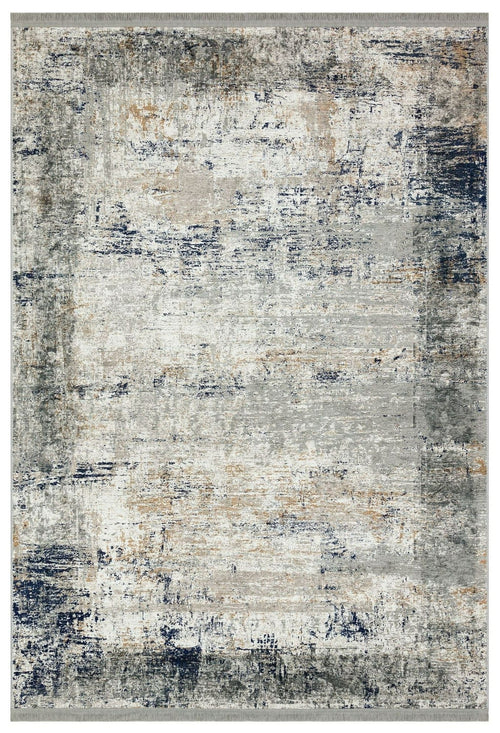 Modern Digital Print Rug – Navy Beige Area Rug with Fringed Cotton Base