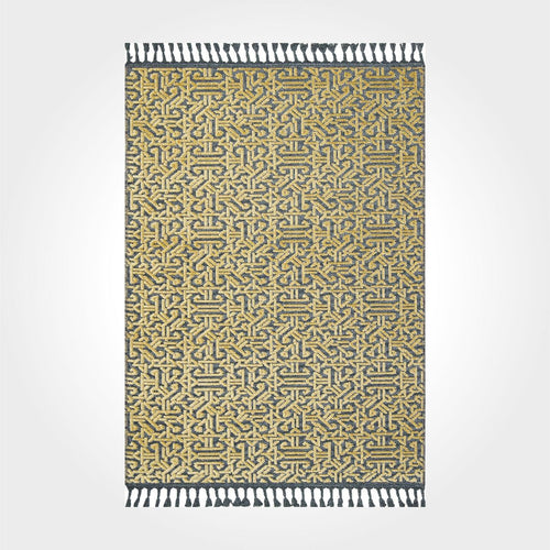 Yellow Geometric Area Rug - Machine Made Rug With Fringed Durable Design