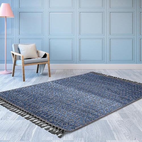 Blue Geometric Area Rug | Flatweave Floor Covering For Kitchen & Hallway