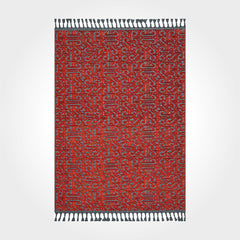 Red Geometric Area Rug - Machine Made Rug With High Stitch Count, Fringed Design