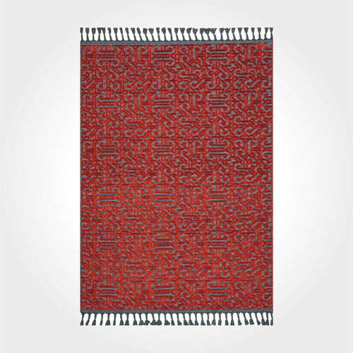 Red Geometric Area Rug - Machine Made Rug With High Stitch Count, Fringed Design