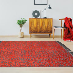 Red Geometric Area Rug - Machine Made Rug With High Stitch Count, Fringed Design
