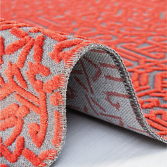Red Geometric Area Rug - Machine Made Rug With High Stitch Count, Fringed Design