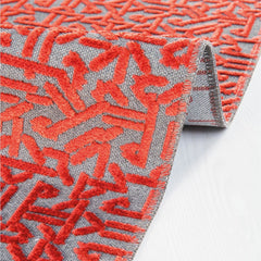Red Geometric Area Rug - Machine Made Rug With High Stitch Count, Fringed Design
