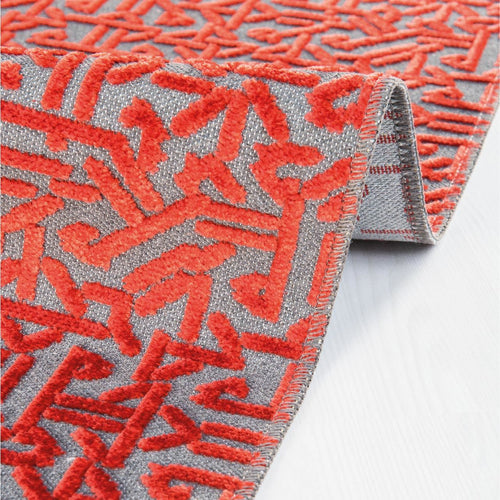 Red Geometric Area Rug - Machine Made Rug With High Stitch Count, Fringed Design