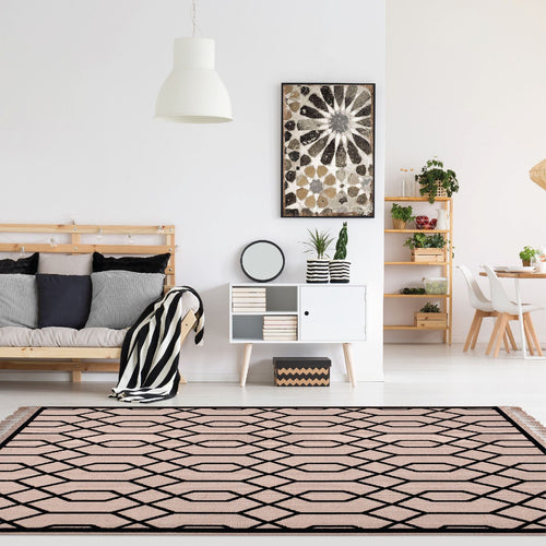 Black Geometric Area Rug - Machine Made Rug With 3mm Pile Height & Jute Weft